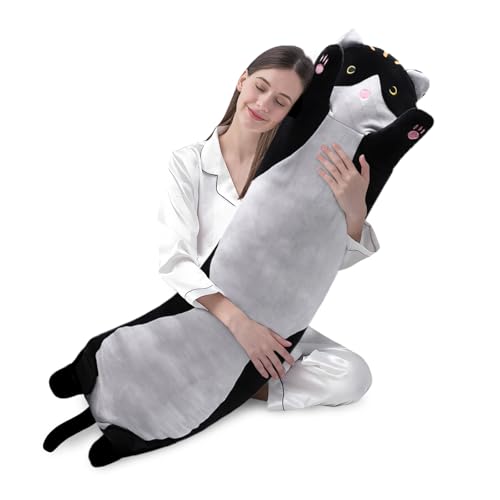 Black 130cm Plush Cat Pillow - Large Soft Sleeping Kitten Toy for Kids & Valentines