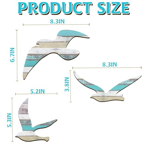 3-Piece Wood Seagull Wall Art Set, Coastal Nautical Beach Home Decor