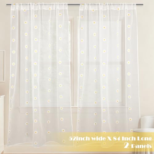 Ivory Daisy Flower Sheer Curtains - 2 Panels, 52x84 Inches