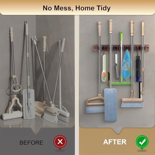 Rustic Wood Broom and Mop Holder Wall Mount with 5 Slots and 4 Hooks