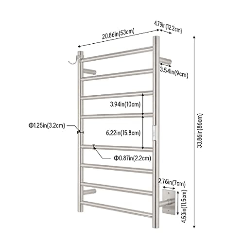 8-Bar Stainless Steel Towel Warmer - Wall-Mounted Plug-in or Hardwired