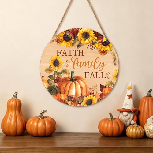 Faith Family Fall Wood Door Sign, 12-Inch Round Pumpkin Sunflower Wall Decor