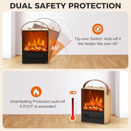 Riseon Oak Electric Fireplace Heater for Indoor Use, Space Heater with 3D Flame