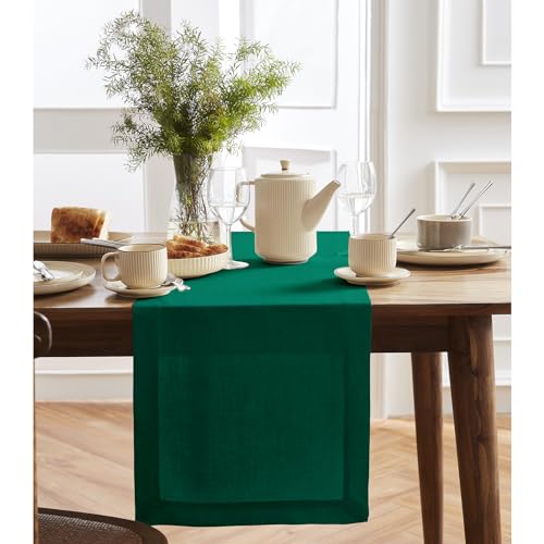 Solino Home 100% Linen Table Runner Dark Green 14 x 120 Inches - Elegant Dining Decor