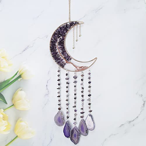 Moon Dream Catcher with Natural Purple Agate Stone and Tree of Life Decor