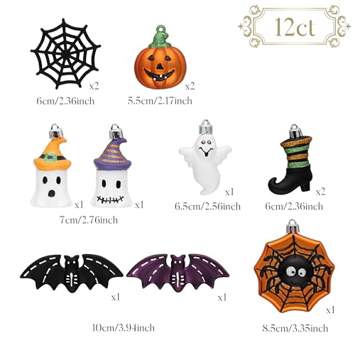 12-Piece Halloween Ornament Set - Shatterproof Hanging Tree Decorations