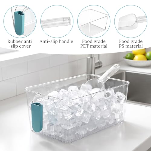 2-Pack Freezer Ice Bins with Scoops - Clear Plastic Ice Storage Organizer