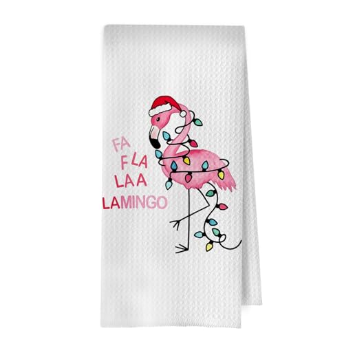 XIVENHAVM Flamingo Christmas Kitchen Towels - Pink Decorative Waffle Dish Towels, 16x24 Inch, Funny Flamingo Gift