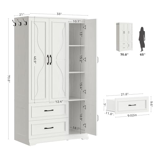 4-Door Wardrobe Closet with Drawers and Shelves, White Bedroom Armoire