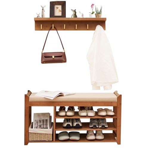4-in-1 Hall Tree with Shoe Bench and Coat Rack, Entryway Storage Organizer