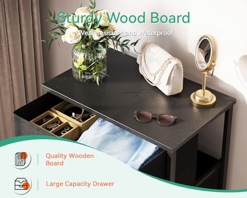 Small 4-Drawer Fabric Dresser with Wood Top & Steel Frame, Black