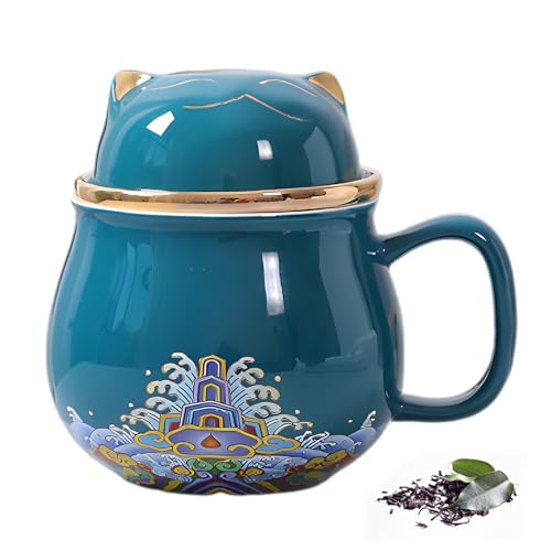 DEARART Green Cat Tea Cup with Lid & Filter 10.8oz Ceramic Mug for Tea Coffee