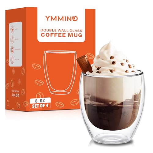 8oz Set of 4 Double Walled Borosilicate Glass Coffee Mugs - Insulated Hot Beverage Cups
