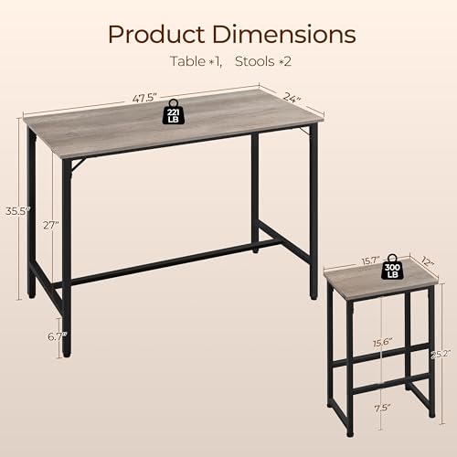 Yaheetech 47.5-Inch Gray Counter Height Bar Table & 2 Chairs Set with Adjustable Feet