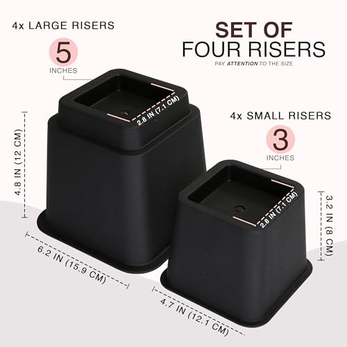 Adjustable Heavy Duty Bed Risers - 3 & 5 Inch Stackable Lifters, 4-Pack, Black