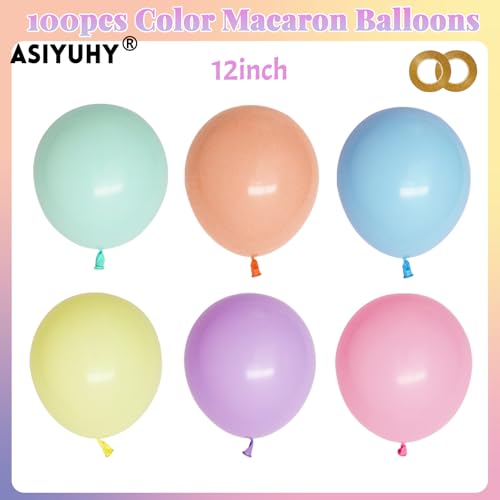 ASIYUHY 12 Inch Pastel Balloons 100 Pack Multicolor Rainbow Latex Balloons