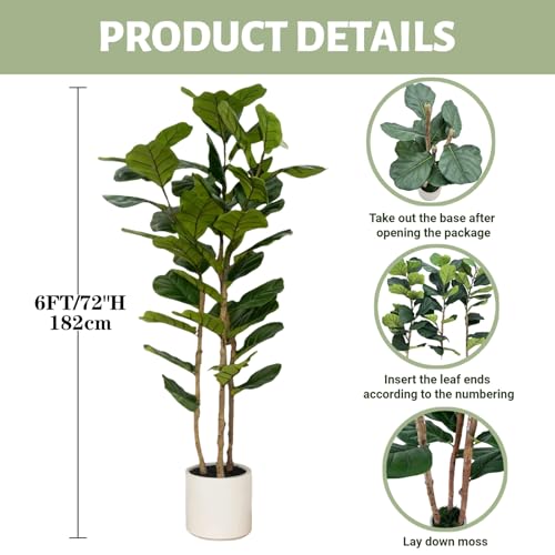 6FT Artificial Fiddle Leaf Fig Tree with White Planter - Lifelike Indoor Decor