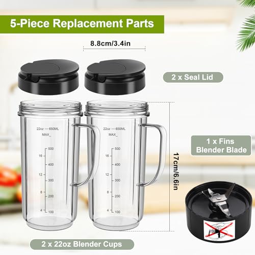 22oz Blender Replacement Cups with Cross Blade and To-Go Lids - 5 Piece Set