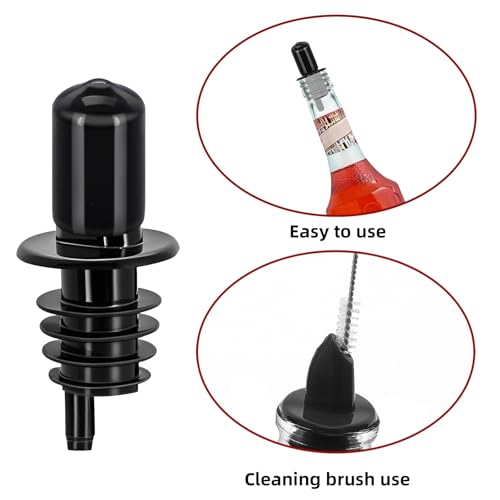 Eispap Black Plastic Bottle Pourers with Rubber Dust Caps - 4 Pack for Oil & Liquor