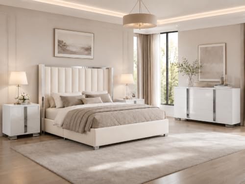 4-Piece Modern Bedroom Furniture Set, Queen Upholstered Bed & Dresser