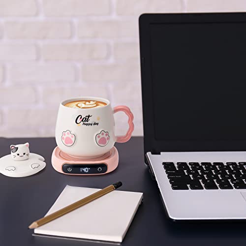 White Cat Mug Warmer & Coffee Mug Set - Portable Beverage Warmer with 3 Temp, Auto Shut-Off