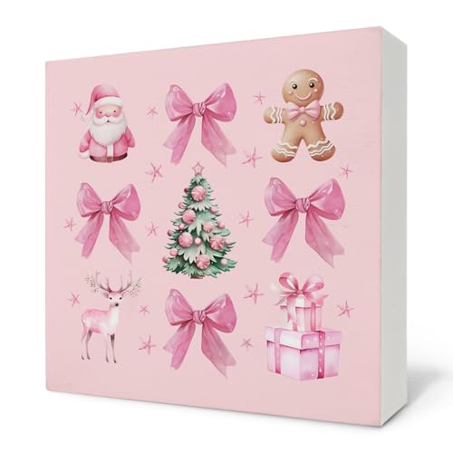 Nvotell Pink Coquette Christmas Sign - 5x5 Inch Wooden Box Decor with Santa, Tree & Bow