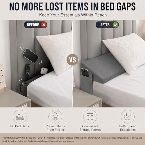 Twin Bed Wedge Pillow Gap Filler with Side Pocket Storage