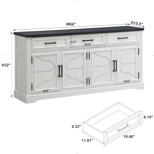 66-Inch Farmhouse Buffet Sideboard with Storage, Drawers & Adjustable Shelves