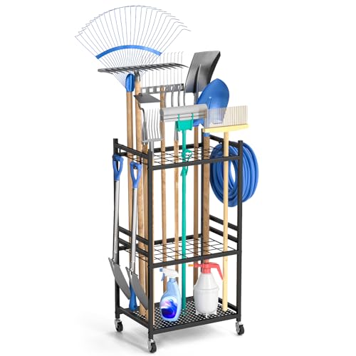Garden Tool Organizer Rack with Wheels for Garage Storage 35 Slots