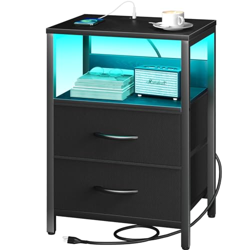 LED Nightstand with Charging Station, 2 Fabric Drawers & Storage Shelf