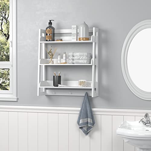 3-Tier Wall-Mounted Ladder Shelf with Hooks, White Wood Storage Organizer