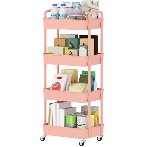 4-Tier Plastic Rolling Utility Cart with Handle & Lockable Wheels, Pink