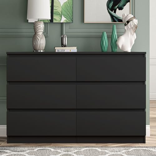 6-Drawer Double Dresser, Modern Black Storage Chest for Bedroom