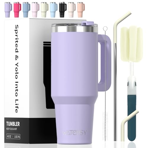 WATERSY 40 oz Purple Insulated Travel Tumbler with Handle, Lid & Straw