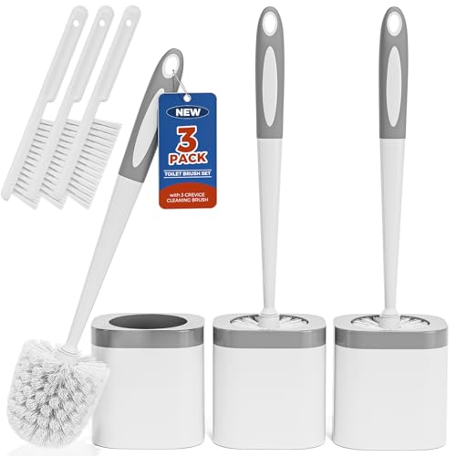 3-Pack Compact Toilet Brush and Holder Set with Crevice Brushes - White