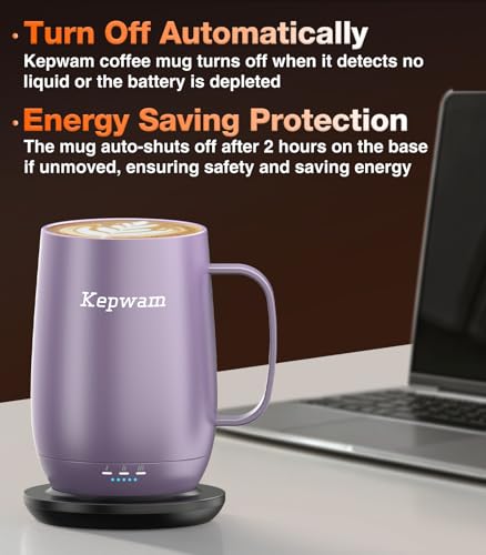 Kepwam Heated Coffee Mug T2-Plus 20oz Lilac Violet - Long Battery Life, Keeps Drinks Hot