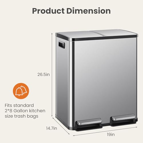 Dual Kitchen Trash Can 16-Gallon Stainless Steel Step Garbage Bin