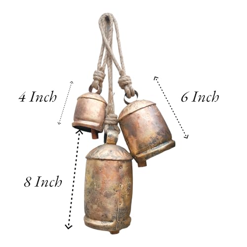 Set of 3 Large Metal Christmas Bells – Rustic Brass Gold Handcrafted Wall Hanging Cow Bells