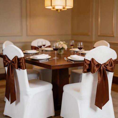Brown Satin Chair Sashes 50 Pack - Chair Bows for Wedding & Event Decor