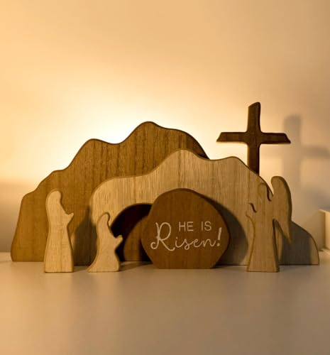Wooden Easter Empty Tomb Scene Decor - He Is Risen Resurrection Figurine Set