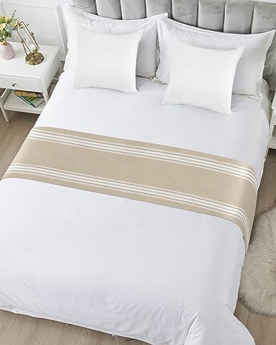 Satin Bed Runner for Queen Size Bed - Beige Striped Bed Scarf (83 x 20 In)