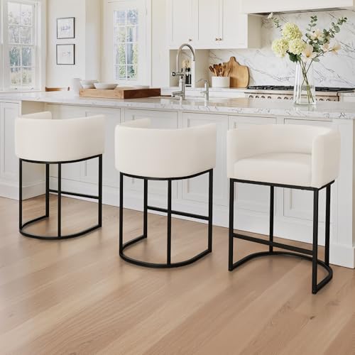 Modern Barrel Counter Height Bar Stools with Backrest, Set of 3, Beige Linen