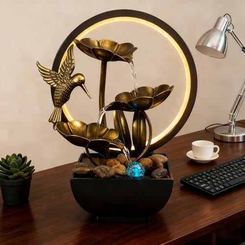 Tabletop Indoor Water Fountain - Zen Bronze Lotus with LED & River Rocks