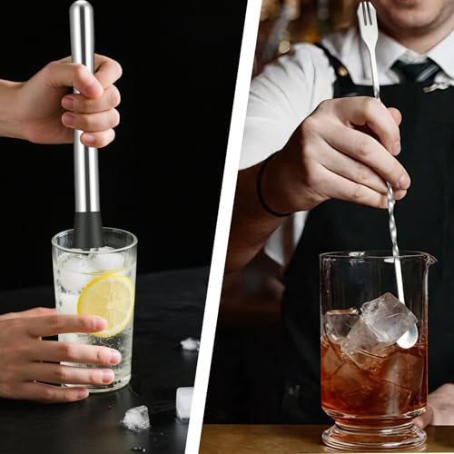SZDGGZ 2 Pcs 10'' Stainless Steel Cocktail Muddler & Spoon Set for Bartenders & Home Bar