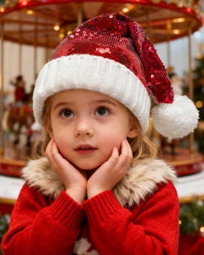 Baby Knit Santa Hat with Sequins and Pom Pom - Christmas Toddler Hat for 0-4 Years