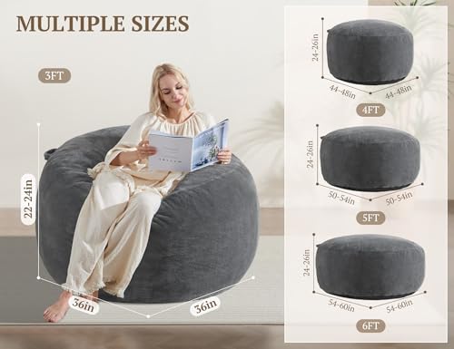 3ft Memory Foam Bean Bag Chair with Removable Velvet Cover, Dark Grey