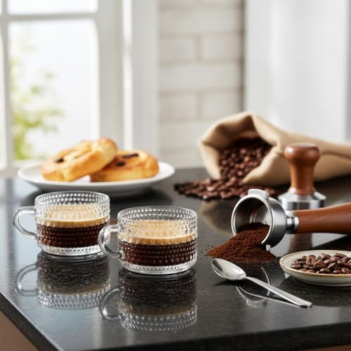 Glaver's Set of 6 Thick Glass Espresso Cups with Handles, 3 oz Demitasse Coffee Mugs