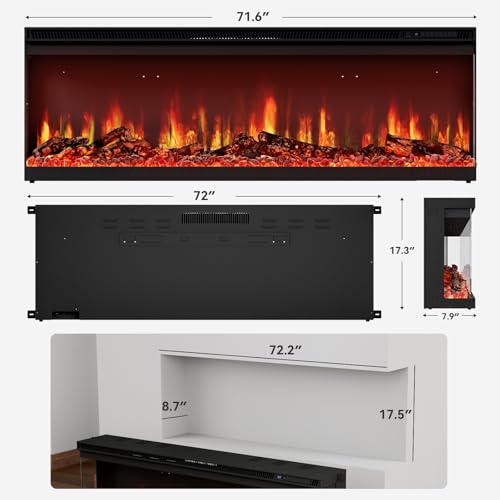 72-Inch 3-Sided Wall Mount Electric Fireplace Recessed Heater