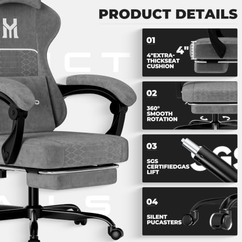 Ergonomic Gaming Chair with Footrest, Breathable Fabric Office Desk Chair