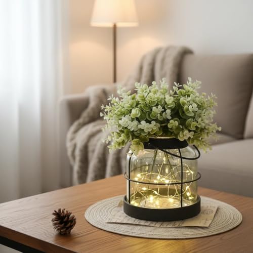 Vintage Glass Farmhouse Vase & Lantern Centerpiece with LED Lights